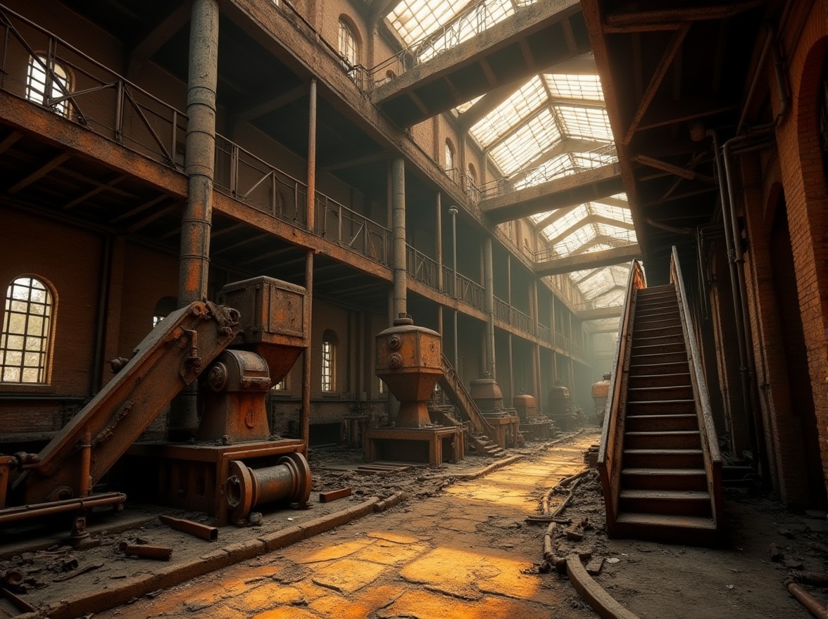 Prompt: Industrial scenery, wheat color tone, warm lighting, abandoned factory, rusty machinery, old brick walls, worn-out conveyor belts, metal staircases, pipes, valves, dusty windows, broken glass, deserted corridors, dimly lit, nostalgic atmosphere, golden hour, soft focus, cinematic composition, shallow depth of field.