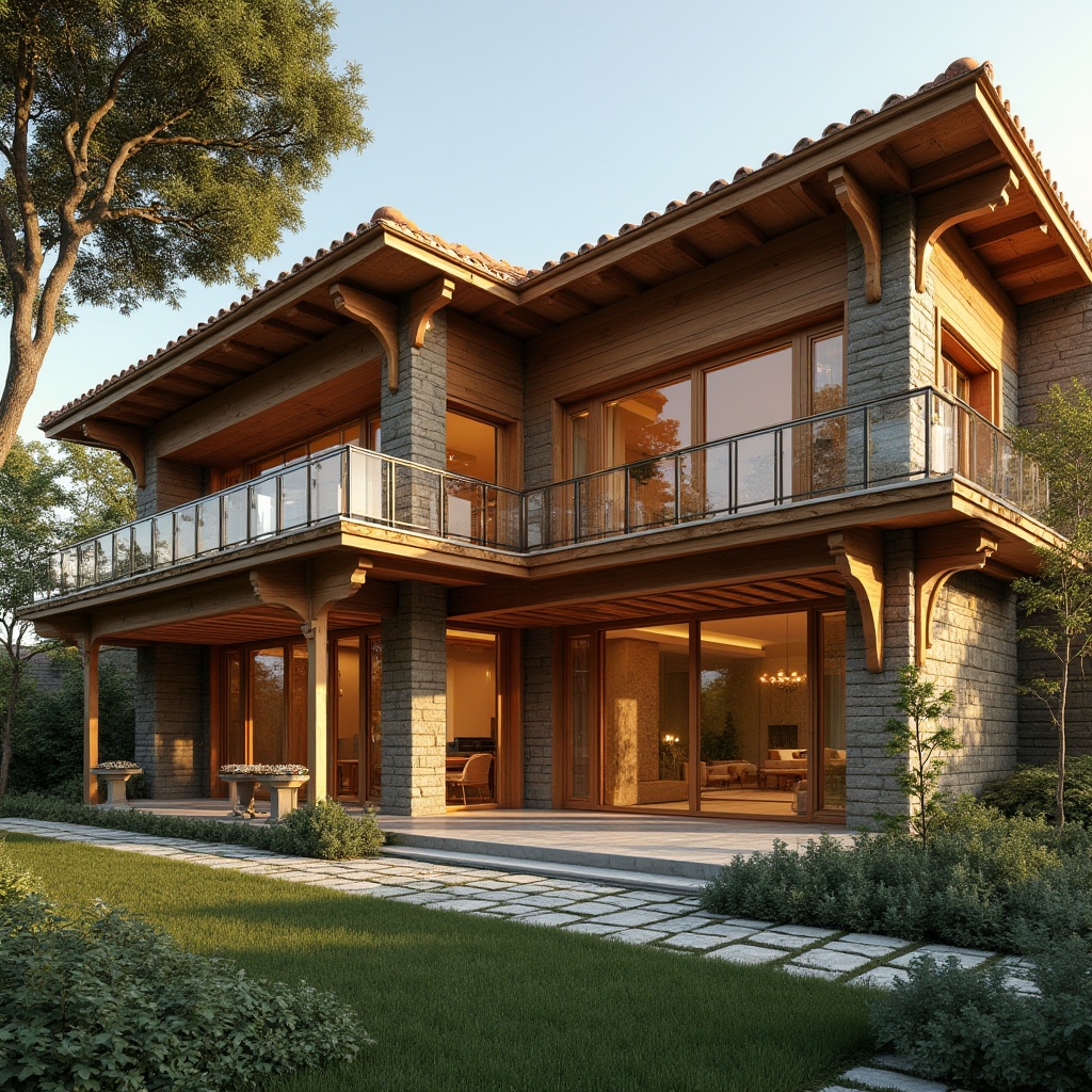 Prompt: Warm amber-colored, modern villa, large windows, wooden shutters, stone walls, greenery surroundings, sunny day, soft warm lighting, 3/4 composition, shallow depth of field, natural atmosphere, cozy ambiance, warm color tone, rustic texture, earthy material, gentle shadows, elegant lines, sophisticated details.