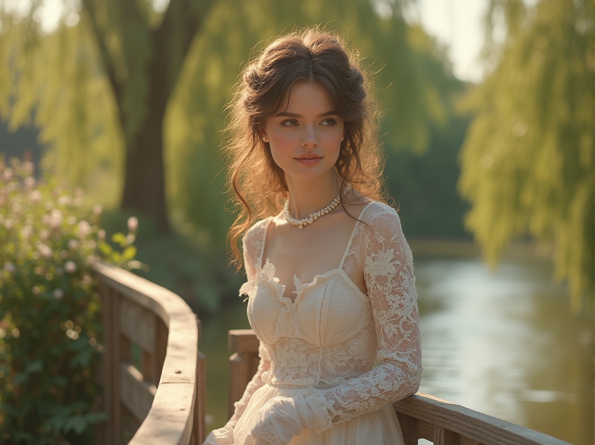 Prompt: Elegant lady, 25yo, curly brown hair, soft makeup, pearl necklace, white lace gloves, long flowing dress, floral pattern, ruffles, layers, delicate ankle boots, standing, leaning on a vintage wooden railing, riverbank, sunny afternoon, warm light, soft shadows, blooming flowers, lush greenery, weeping willows, gentle breeze, serene atmosphere, 3/4 composition, panoramic view, cinematic lighting.