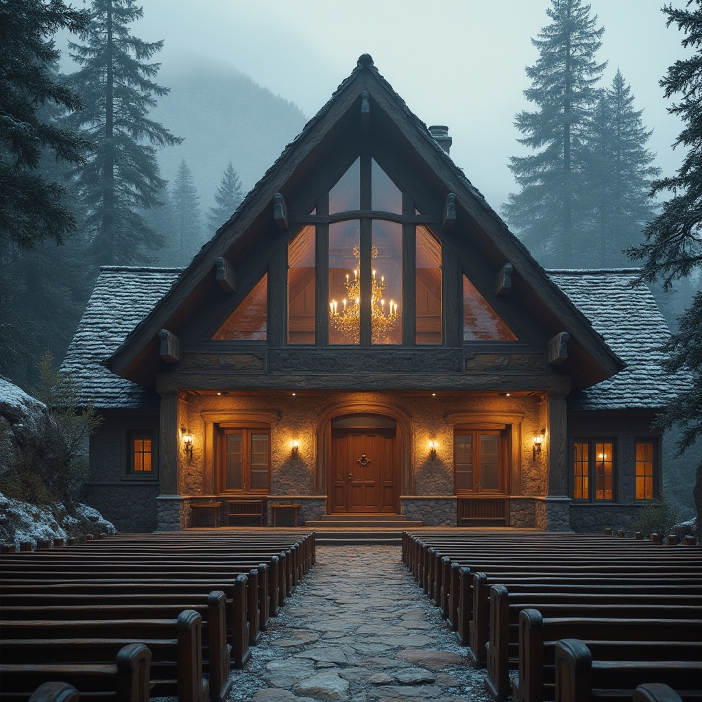 Prompt: Mountainous region, auditorium, vernacular architecture, stone walls, wooden beams, rustic exterior, grand entrance, large glass windows, snow-capped roofs, steeply pitched, foggy atmosphere, misty morning, dramatic lighting, cinematic composition, 3/4 view, warm interior, wooden pews, cozy ambiance, grand chandelier, stone flooring, natural material, earthy tone, secluded location, surrounded by towering trees, distant mountains, serene backdrop.