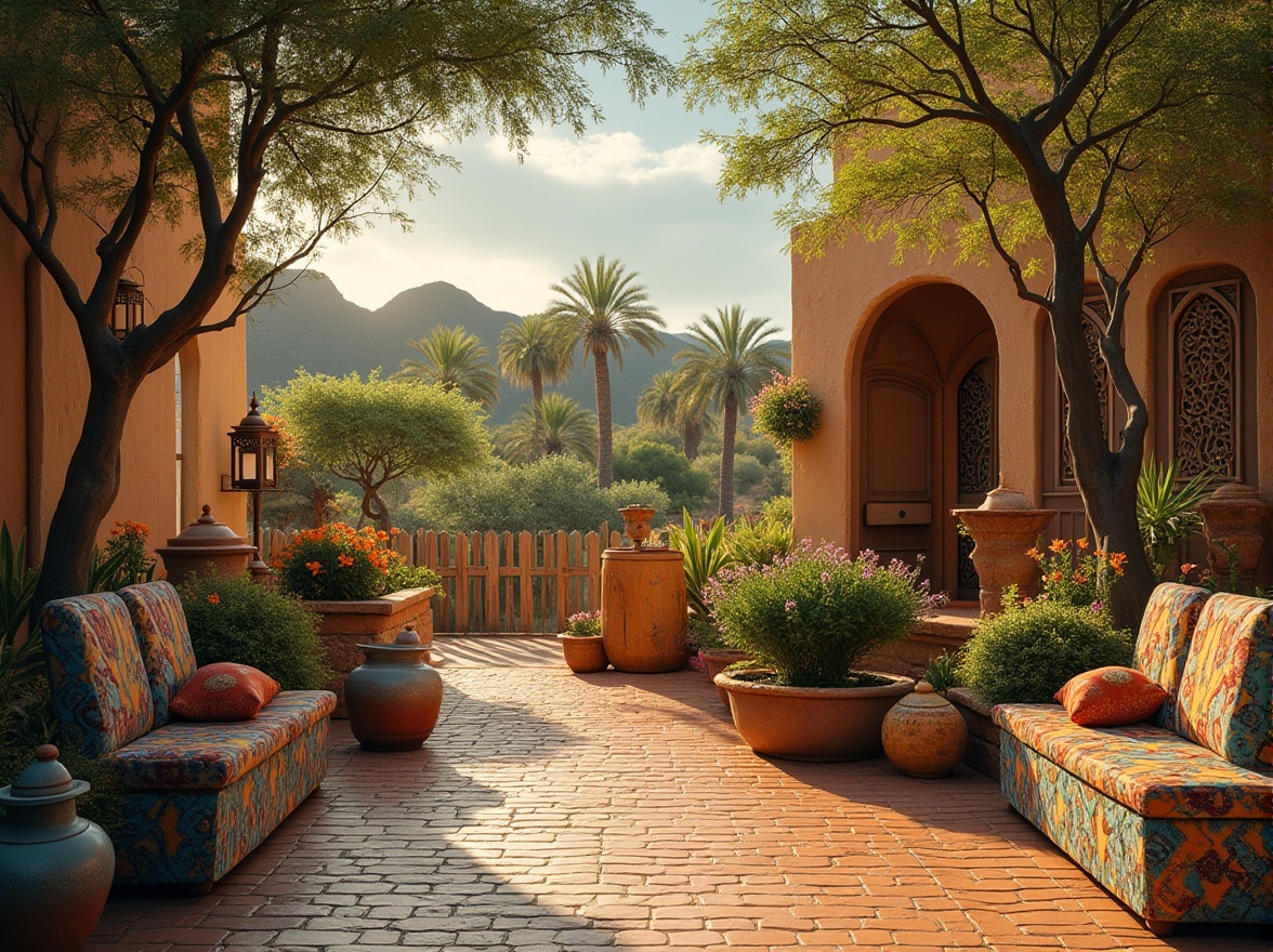 Prompt: African savanna landscape, eclectic elements, vibrant colors, acacia trees, blooming wildflowers, rustic wooden fence, vintage lanterns, colorful woven baskets, distressed stone benches, Moroccan-inspired tile patterns, intricately carved wooden doors, lush greenery, sunny afternoon, warm golden light, 3/4 composition, shallow depth of field, cinematic ambiance.