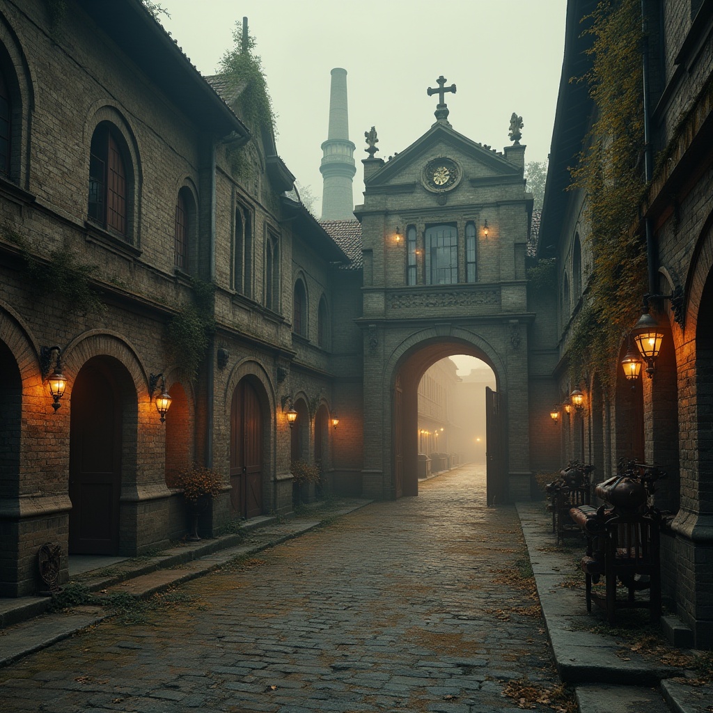 Prompt: Renaissance industrial area, abandoned factory, intricate stone carvings, arched windows, grand entrance gates, old lanterns, rusty machinery, worn brick walls, ivy-covered chimneys, foggy atmosphere, warm golden lighting, dramatic shadows, 3/4 composition, low-angle shot, cinematic mood, distressed textures, vintage industrial props.