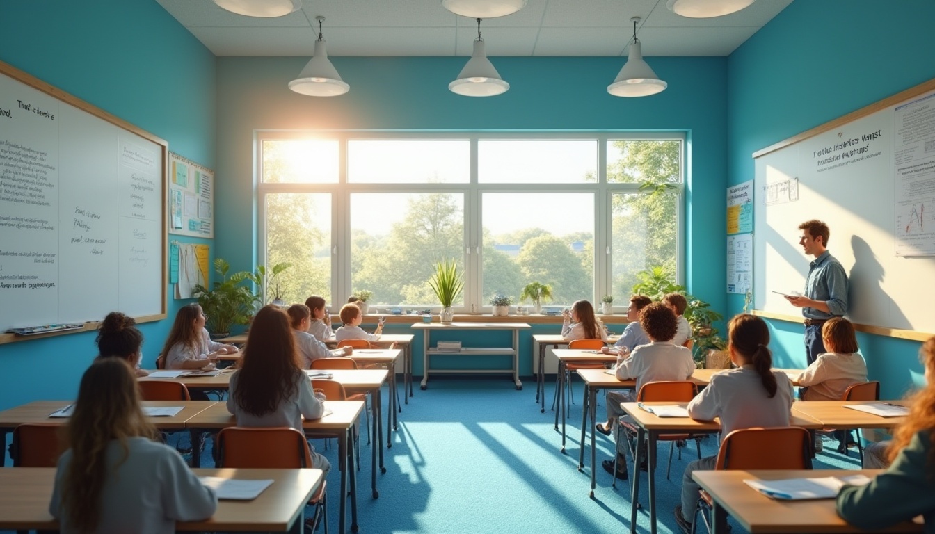 Prompt: Calming educational space, blue walls, wooden desks, ergonomic chairs, soft blue carpet, large windows, natural light, panoramic view, green plants, inspirational quotes, motivational posters, modern whiteboards, colorful pens, pencils, and markers, students actively participating, teacher standing near the board, smiling faces, friendly atmosphere, morning sunlight, warm ambiance, 3/4 composition, shallow depth of field, vibrant colors.