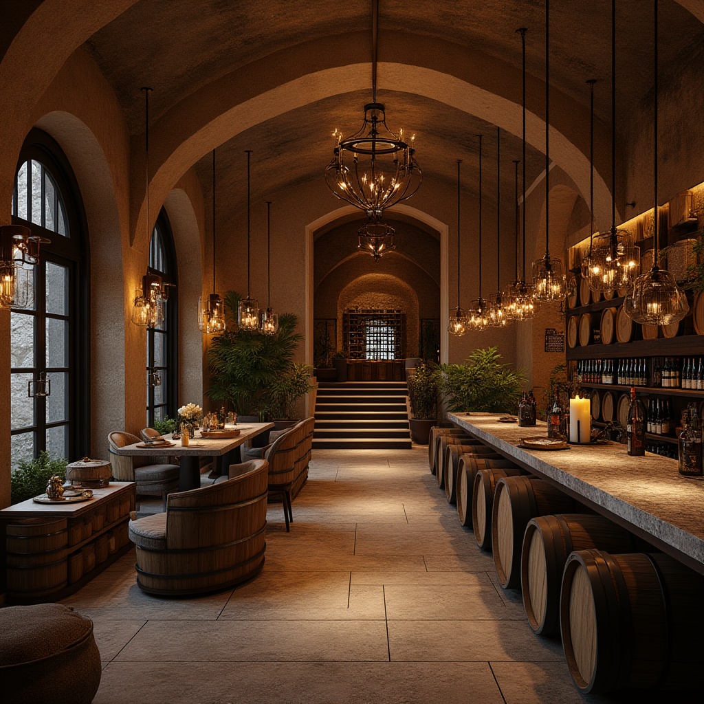 Prompt: Winery interior design, granite material, luxurious atmosphere, dimly lit, warm lighting, wooden barrels, rows of wine racks, stone walls, rustic decor, earthy tones, elegant chandeliers, polished floors, dark wood accents, intimate seating areas, private wine tasting rooms, rich textures, vintage wine bottles, grapes and vines patterns, natural stone arches, grand staircase, sophisticated ambiance, soft focus, warm color palette.