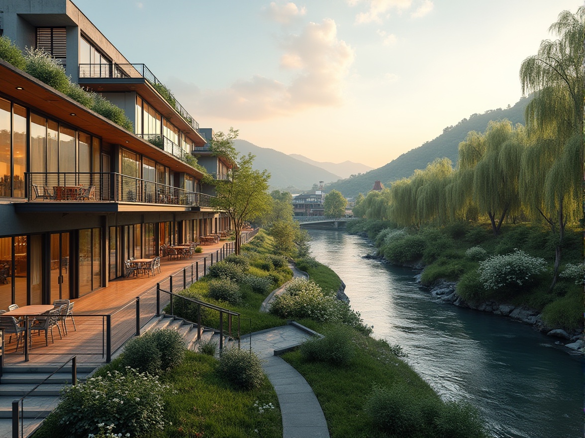 Prompt: Modern student halls, riverside location, glass facade, steel structure, minimalist architecture, green roof, rooftop garden, vibrant colors, wooden decks, outdoor seating areas, stairs leading down to riverwalk, scenic views of surrounding hills, lush greenery, weeping willows, blooming flowers, gentle river flow, sunset warm lighting, 3/4 composition, soft focus background, cinematic atmosphere.