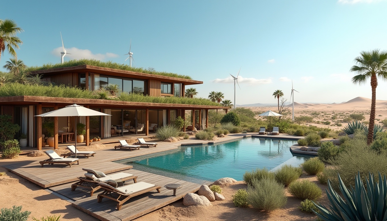 Prompt: Desert hotel, luxury, modern architecture, sustainable practices, eco-friendly, green roof, solar panels, wind turbines, recycled materials, energy-efficient windows, low-water landscaping, xeriscaping, cactus garden, succulent plants, infinity pool, wooden deck, lounge chairs, parasols, desert flora, sand dunes, clear blue sky, sunny day, warm lighting, 3/4 composition, cinematic angle.