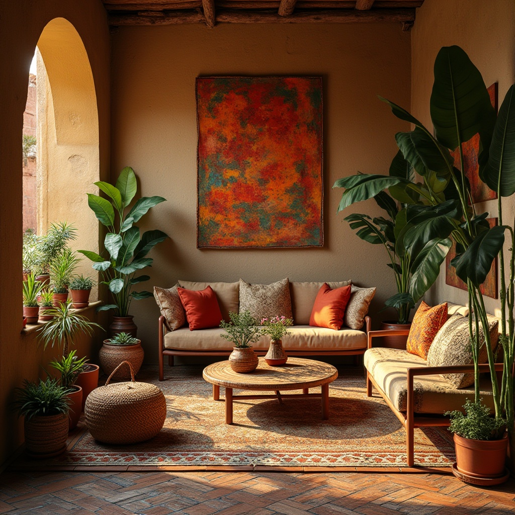 Prompt: African savannah, eclectic design, vibrant colors, abstract patterns, wooden accents, woven baskets, natural textiles, rattan furniture, Moroccan tiles, colorful ceramics, potted plants, succulents, tropical flowers, subtle lighting, warm ambient glow, 3/4 composition, shallow depth of field, cinematic mood, soft focus, golden hour, warm color palette, earthy tones, organic shapes, intricate details, distressed wood, natural fabrics, eclectic decor, bohemian vibe.