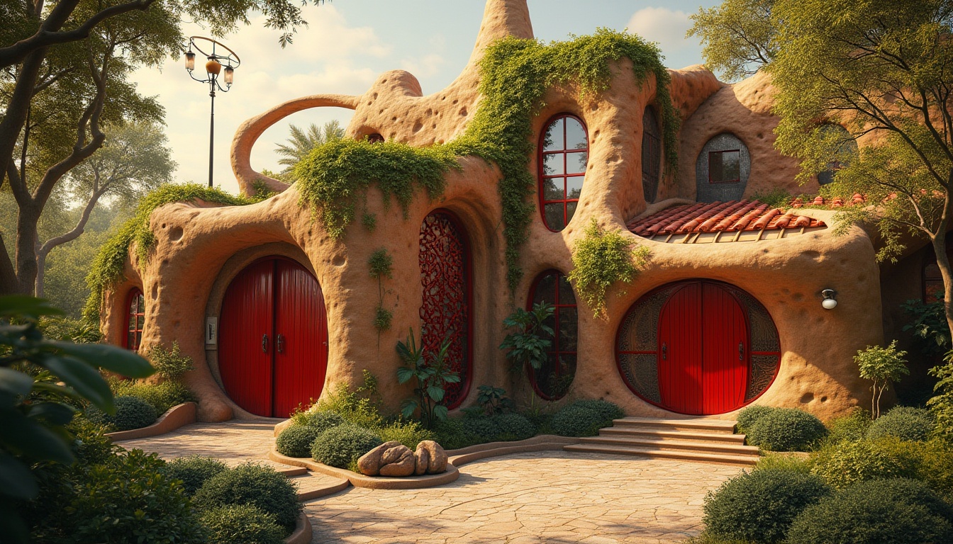 Prompt: Organic architecture, red accents, earthy tone, curved lines, natural materials, wooden structure, green roof, vines crawling up walls, warm lighting, sunset ambiance, 3/4 composition, low-angle shot, dramatic shadows, bold brushstrokes, vibrant red doors, windows with intricate carvings, red-tiled rooftop, Mediterranean style, Gaudí-inspired design, nature-inspired patterns, abstract shapes, futuristic feel.