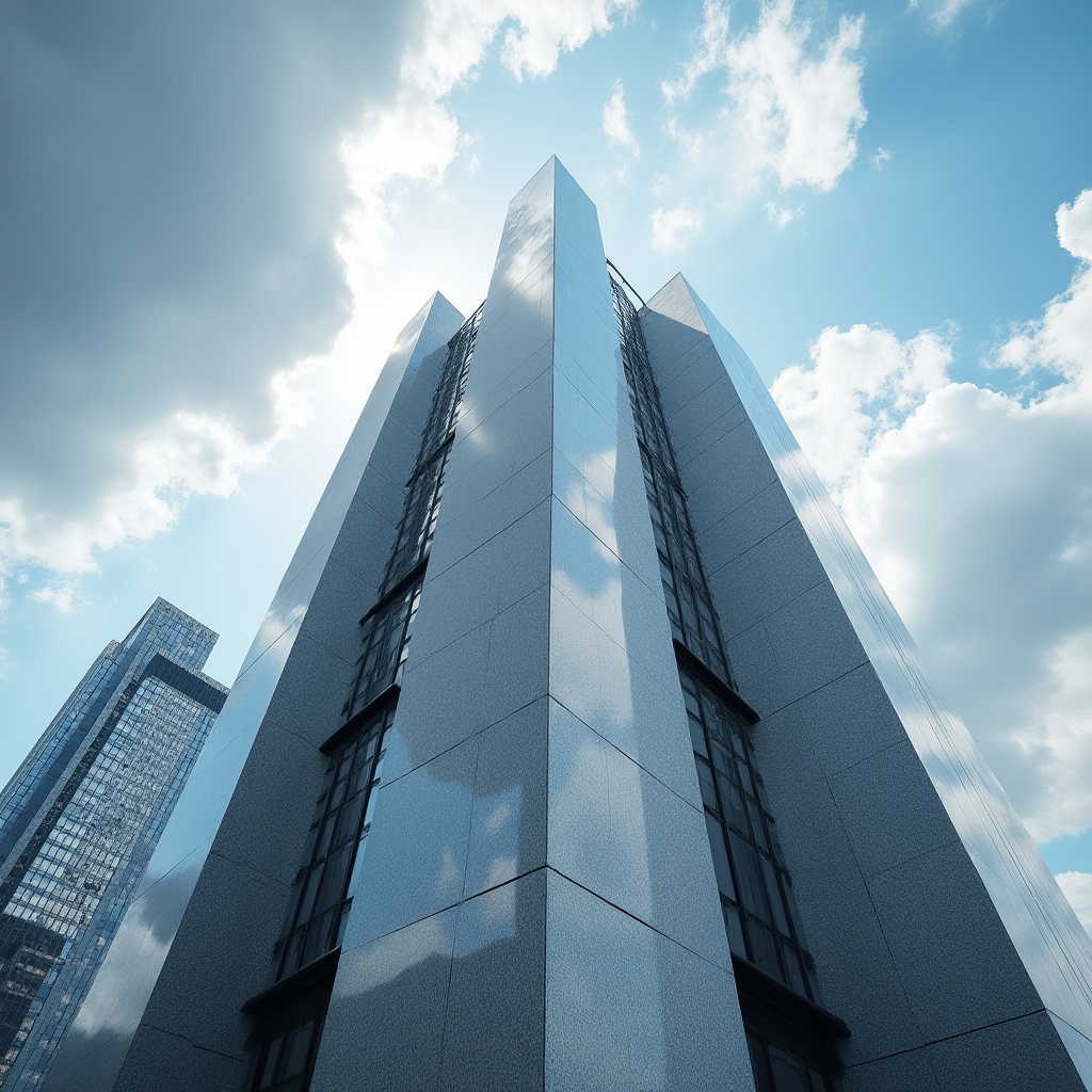 Prompt: Modern building, contemporary architecture, granite material, luxurious texture, sleek lines, silver-gray tone, polished finish, high-rise skyscraper, cityscape, urban jungle, sunny day, blue sky, white clouds, dramatic shadows, low-angle shot, wide-angle lens, cinematic composition, realistic rendering.