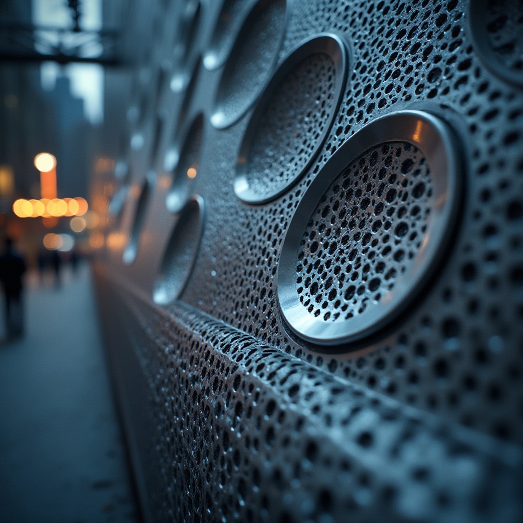 Prompt: Modern design, perforated metal, intricate patterns, silver color, glossy finish, industrial texture, geometric shapes, futuristic feel, urban setting, cityscape, skyscraper, night scene, neon lights, reflective surface, shallow depth of field, close-up shot, dramatic lighting, high contrast, 3/4 composition.