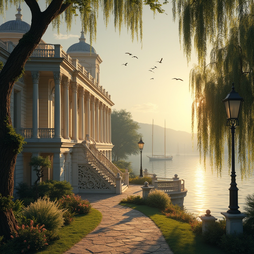 Prompt: Riverbank, classicism, luxurious villa, symmetrical architecture, white marble columns, grand staircase, ornate ironwork, lush greenery, weeping willows, blooming flowers, tranquil atmosphere, warm sunset light, golden reflections on calm water, gentle ripples, distant sailboats, seagulls flying overhead, picturesque pathway, rustic benches, vintage street lamps, soft mist, cinematic composition, 3/4 view, ambient lighting, natural textures.