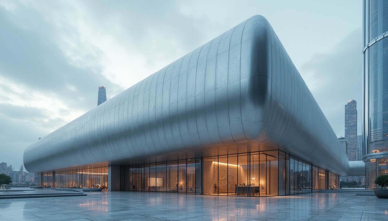 Prompt: Silver building, modern architecture, metallic facade, reflective surface, sleek lines, minimalist design, urban skyscraper, cityscape, cloudy sky, dramatic lighting, low-angle shot, 3/4 composition, shallow depth of field, luxurious atmosphere, high-end materials, glass windows, steel beams, marble floors, contemporary style, futuristic vibe.