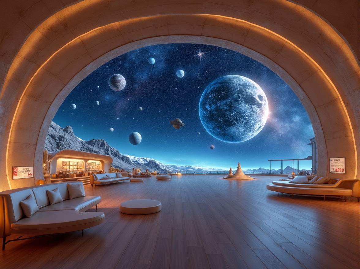 Prompt: Streamline moderne planetarium, futuristic, space exploration, astronomy, celestial bodies, stars, planets, galaxies, nebulae, sandy beige sandstone walls, polished chrome accents, curved lines, minimalist decor, ambient soft blue lighting, panoramic view, 3/4 composition, warm and cozy atmosphere, wooden floors, comfortable seating areas, interactive exhibits, holographic projections, virtual reality experiences.