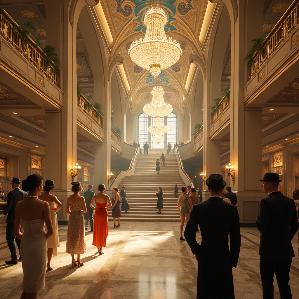 Prompt: Grand exhibition center, Art Deco style, luxurious interior, high ceiling, crystal chandelier, marble floor, intricate geometric patterns, metallic accents, opulent decorations, majestic staircase, sleek lines, ornate details, elegant ladies, 1920s fashion, flapper dress, pearl necklace, bobbed hair, gentlemen in suits, fedora hats, sophisticated atmosphere, warm golden lighting, dramatic shadows, low-angle shot, symmetrical composition.