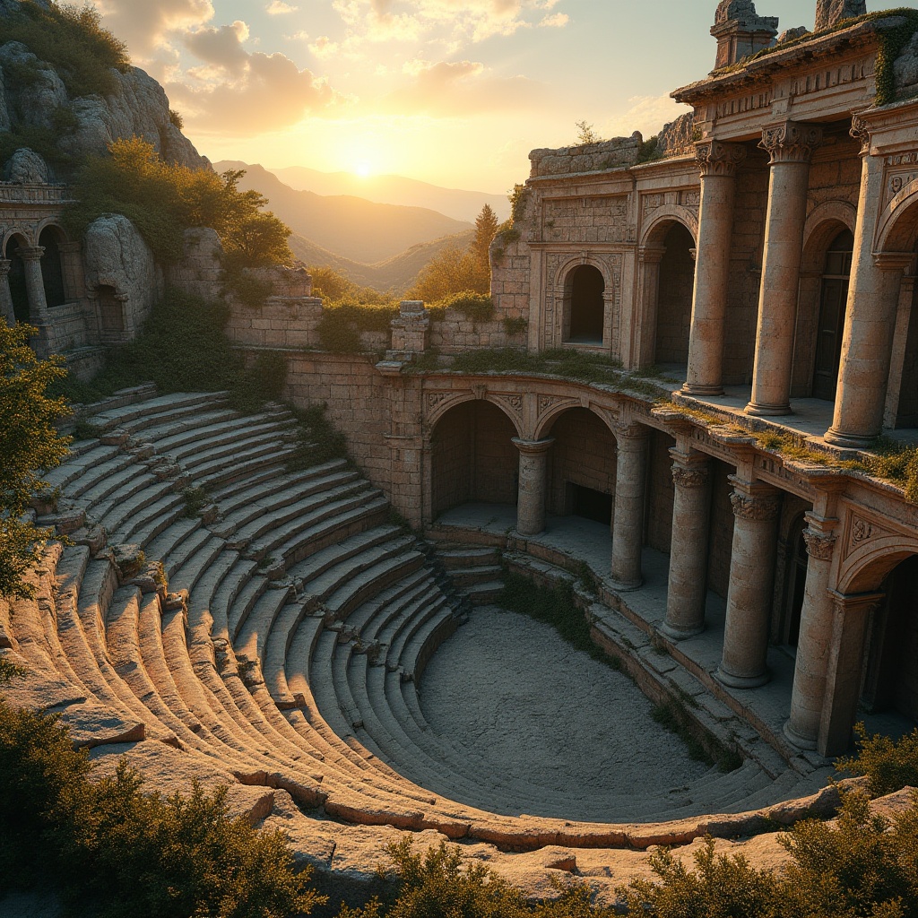 Prompt: amphitheater, organic architecture, ancient Greek style, grandiose, natural stone walls, curved seating, intricate carvings, ornate columns, lush greenery, vines crawling up pillars, majestic arches, warm sunset lighting, dramatic shadows, 3/4 composition, panoramic view, atmospheric perspective, depth of field, cinematic mood, warm color palette.