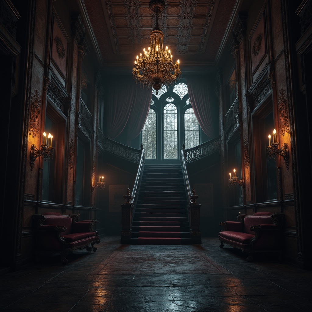 Prompt: Grand, luxurious interior, gothic elegance, high ceiling, ornate chandelier, dark wood paneling, stone walls, stained glass windows, grand staircase, intricate carvings, velvet drapes, mysterious ambiance, warm candle lighting, dramatic shadows, eerie atmosphere, mysterious old mansion, abandoned castle, mysterious forest surroundings, foggy night, cinematic composition, low-key lighting.