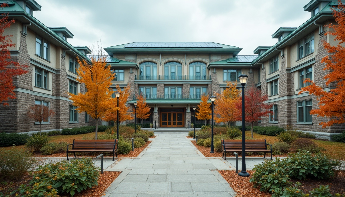 Prompt: Modern university building, regionalism style, grand entrance, symmetrical facade, stone walls, glass windows, wooden doors, metal handrails, green roofs, solar panels, courtyard garden, walkways, benches, street lamps, autumn leaves, cloudy sky, 3/4 composition, soft natural light, cinematic atmosphere, HDR, fisheye lens.