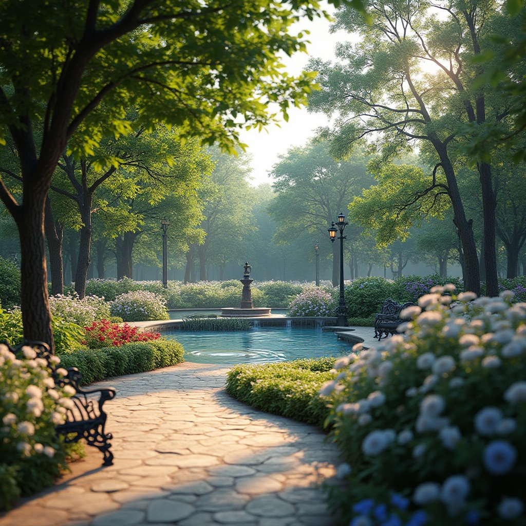 Prompt: Prussian blue themed park, sunny afternoon, vibrant flowers, lush greenery, majestic trees, winding stone pathways, ornate iron benches, delicate water features, tranquil ponds, subtle ripples, gentle breeze, warm soft light, cinematic composition, 3/4 view, depth of field, realistic texture, romantic atmosphere, peaceful ambiance.