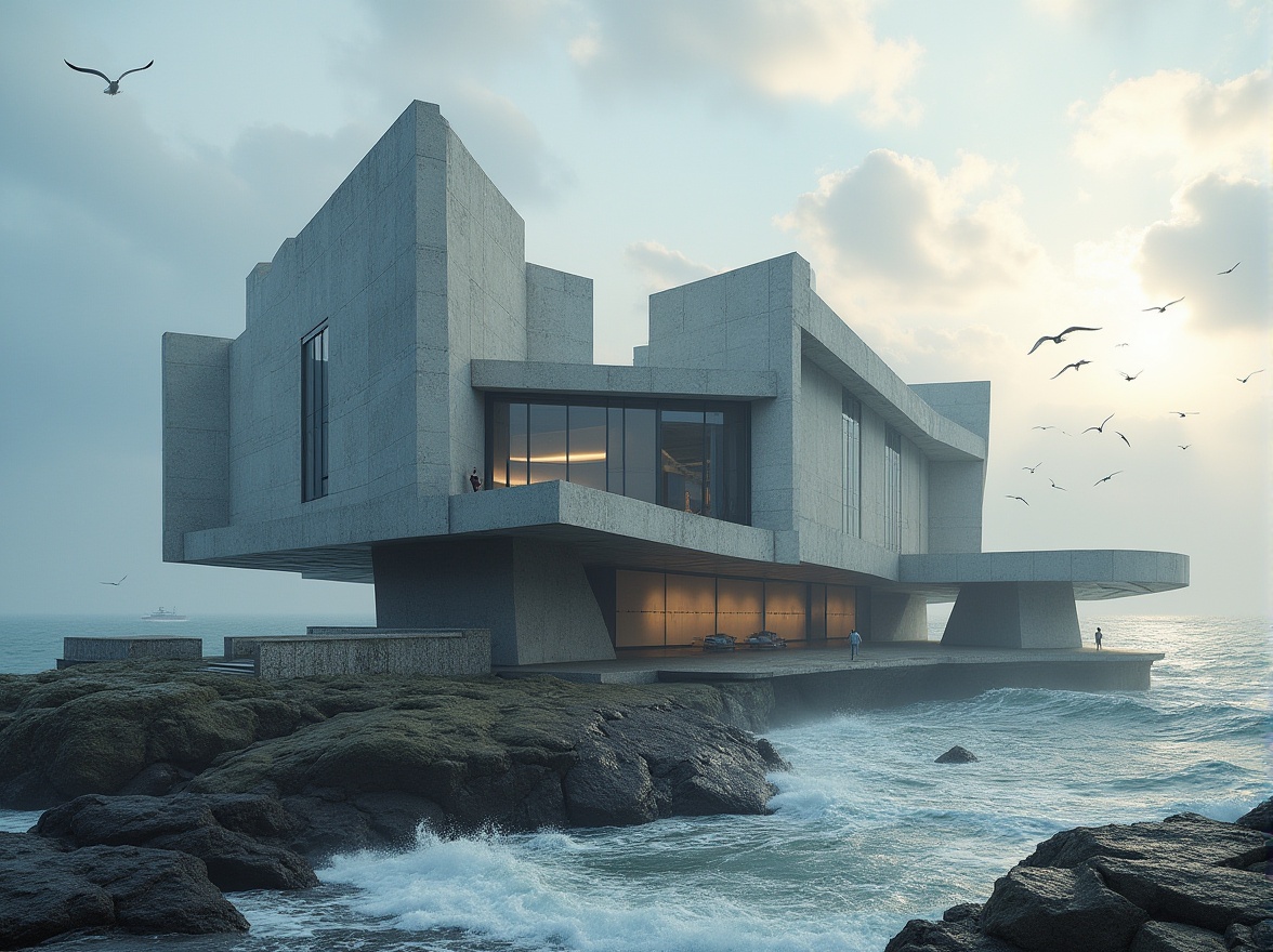 Prompt: Deconstructivist architecture, coastal memorial center, modern abstract building, irregular shapes, fragmented forms, dynamic curves, ocean views, rough stone walls, glass façade, steel beams, minimalist interior, memorial plaques, solemn atmosphere, misty morning, soft natural light, dramatic cloud formations, rugged coastline, crashing waves, seagulls flying overhead, panoramic view, low-angle shot, cinematic composition.