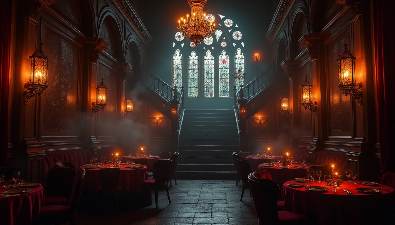 Prompt: Gothic restaurant interior, dimly lit ambiance, ornate chandeliers, stained glass windows, dark wood paneling, red velvet drapes, grandiose staircase, mysterious fog effects, warm candlelight, lanterns with intricate metalwork, ornamental mirrors, eerie shadows, dramatic spotlights, luxurious upholstery, mysterious atmosphere, 45-degree angle, low-key lighting, cinematic composition.