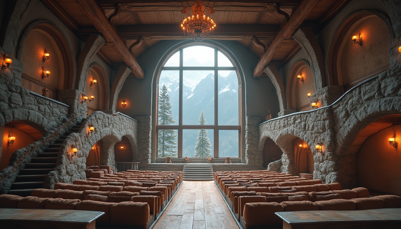 Prompt: Mountainous region, auditorium, vernacular architecture, grand stone staircase, wooden beams, rustic chandeliers, massive windows, snow-capped mountains, foggy atmosphere, warm interior lighting, cozy seating area, intricate carvings, earthy color palette, natural materials, wooden floor, stone walls, minimalist decor, 3/4 composition, panoramic view, soft focus, cinematic mood.