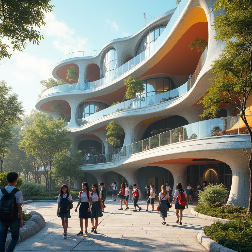 Prompt: School building, Metabolism architecture style, futuristic, vibrant colors, irregular shapes, biomimicry elements, metallic materials, glass windows, curvy lines, organic forms, dynamic structures, sci-fi atmosphere, students in uniforms, backpacks, walking, discussing, smiling, energetic, lively, morning light, soft shadows, 3/4 composition, symmetrical framing.