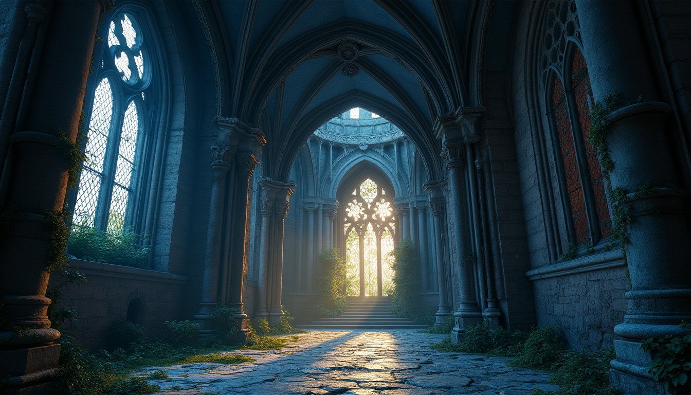 Prompt: Romanesque architecture, indigo colored walls, ornate stone carvings, grand arches, intricate stained glass windows, majestic vaulted ceiling, ornamental pillars, mystical ambiance, warm golden lighting, dramatic shadows, ancient ruins, overgrown with ivy, mysterious atmosphere, cinematic composition, 3/4 view, soft focus background.