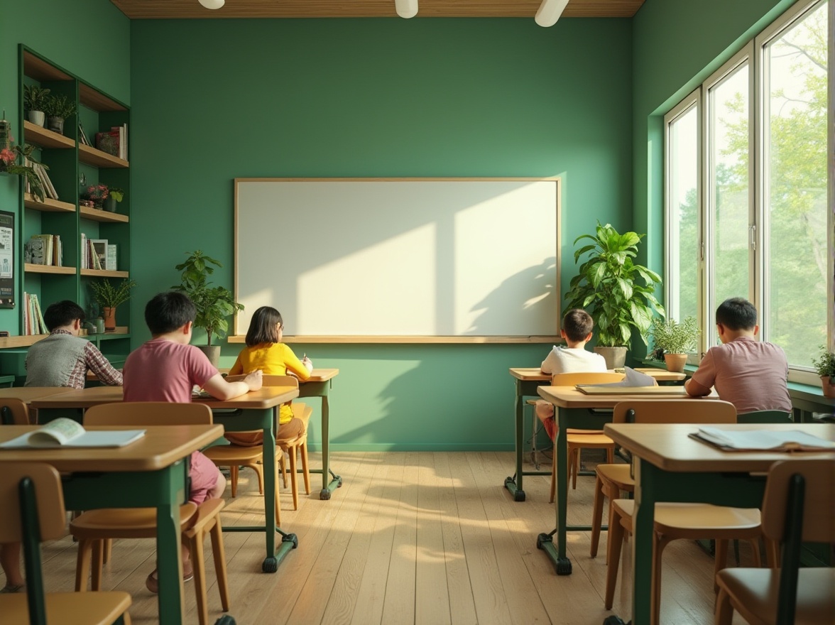 Prompt: Educational setting, green color theme, classroom interior design, calming atmosphere, students studying, desks with chairs, green walls, whiteboard, wooden floor, natural light pouring through large windows, plants on shelves, softbox lighting, 3/4 composition, shallow depth of field, warm and cozy ambiance.