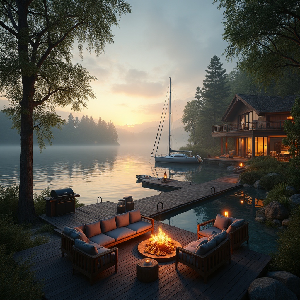 Prompt: Lakefront locations, serene atmosphere, misty morning, golden hour, calm waters, sailboats docked, wooden piers, lush greenery, towering trees, villas with balconies, luxurious furniture, comfortable outdoor seating, BBQ areas, bonfires, starry night sky, soft warm lighting, 3/4 composition, panoramic view, natural scenery, realistic rendering.