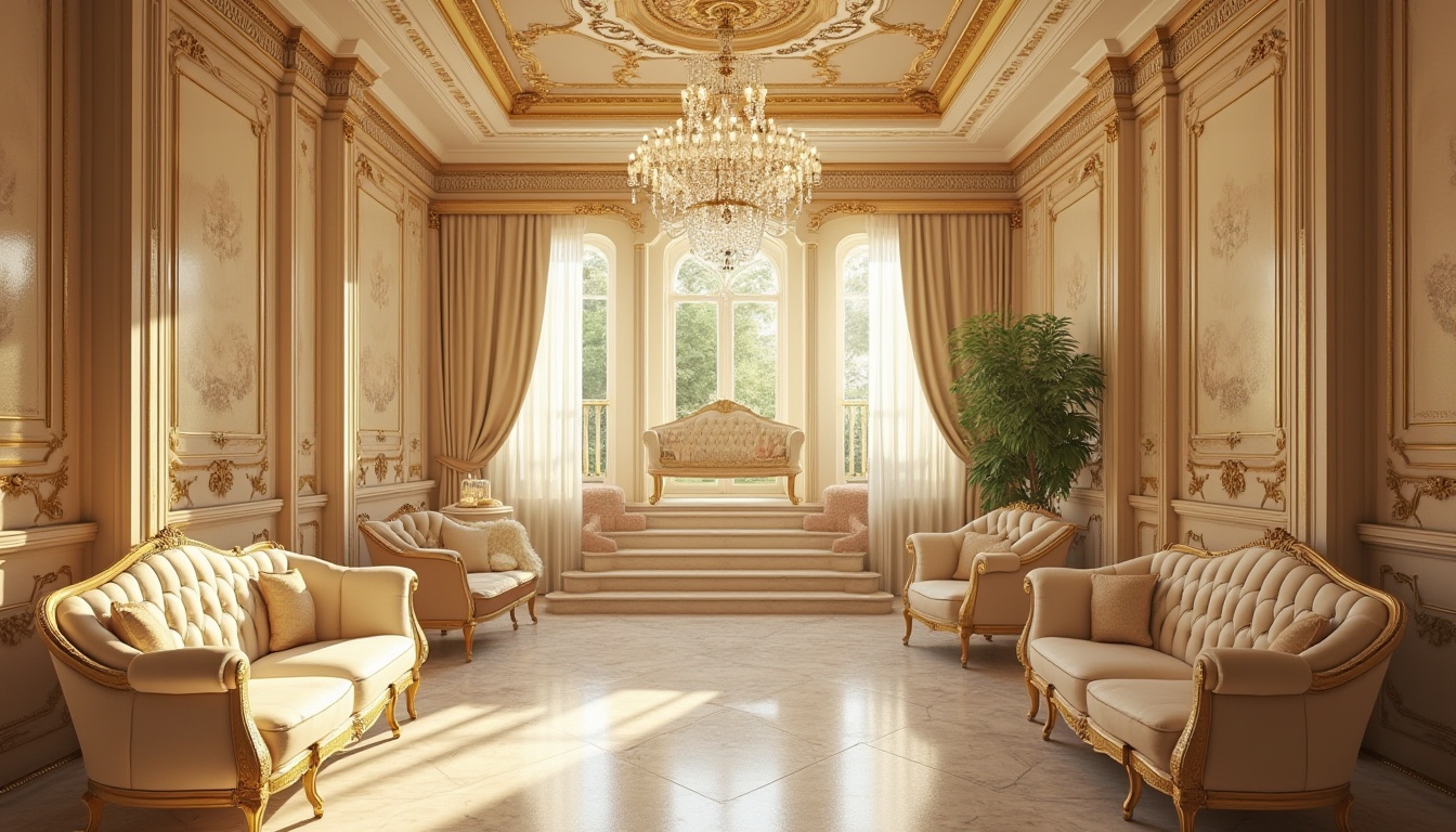 Prompt: Cream color, luxurious interior, Art Deco style, geometric patterns, ornate details, vintage furniture, velvet upholstery, metallic accents, crystal chandeliers, marble floors, grand staircase, opulent curtains, lavish decorations, 1920s ambiance, warm lighting, soft focus, cinematic composition.