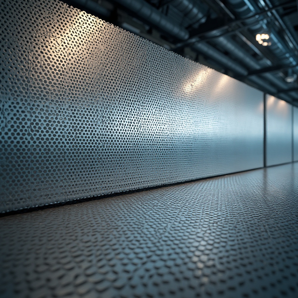 Prompt: Modern perforated metal material, industrial aesthetic, metallic silver color, intricate patterns of circular holes, varying hole sizes, hexagonal shape, mesh texture, reflective surface, urban cityscape background, skyscraper, steel beams, minimalist decor, spotlights, high contrast lighting, 3/4 composition, shallow depth of field.