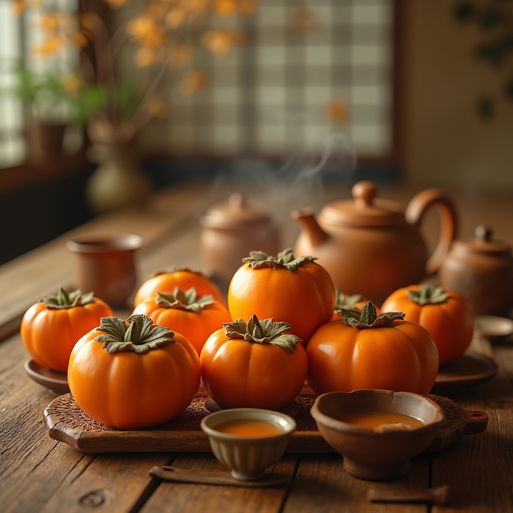 Prompt: persimmon color, warm tone, cozy atmosphere, autumn season, fruit still life, traditional Japanese table setting, wooden floor, sliding doors, Shoji screens, natural lighting, soft shadows, family gathering, warm dinner party, laughter and chatting, steam rising from teapot, ceramic dishes, woven placemat, rustic wooden utensils, soft focus, film grain texture, nostalgic feeling, peaceful ambiance.