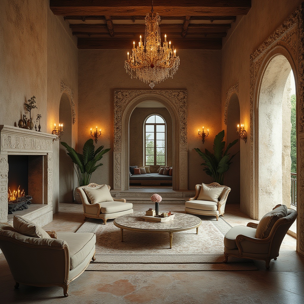 Prompt: Eclectic interior design, luxurious villa, limestone material, natural texture, rough-hewn walls, ornate carved decorations, grand chandelier, elegant furniture, velvet sofa, marble coffee table, intricate patterns, warm lighting, cinematic composition, 3/4 view, shallow depth of field, HDR, softbox lighting.