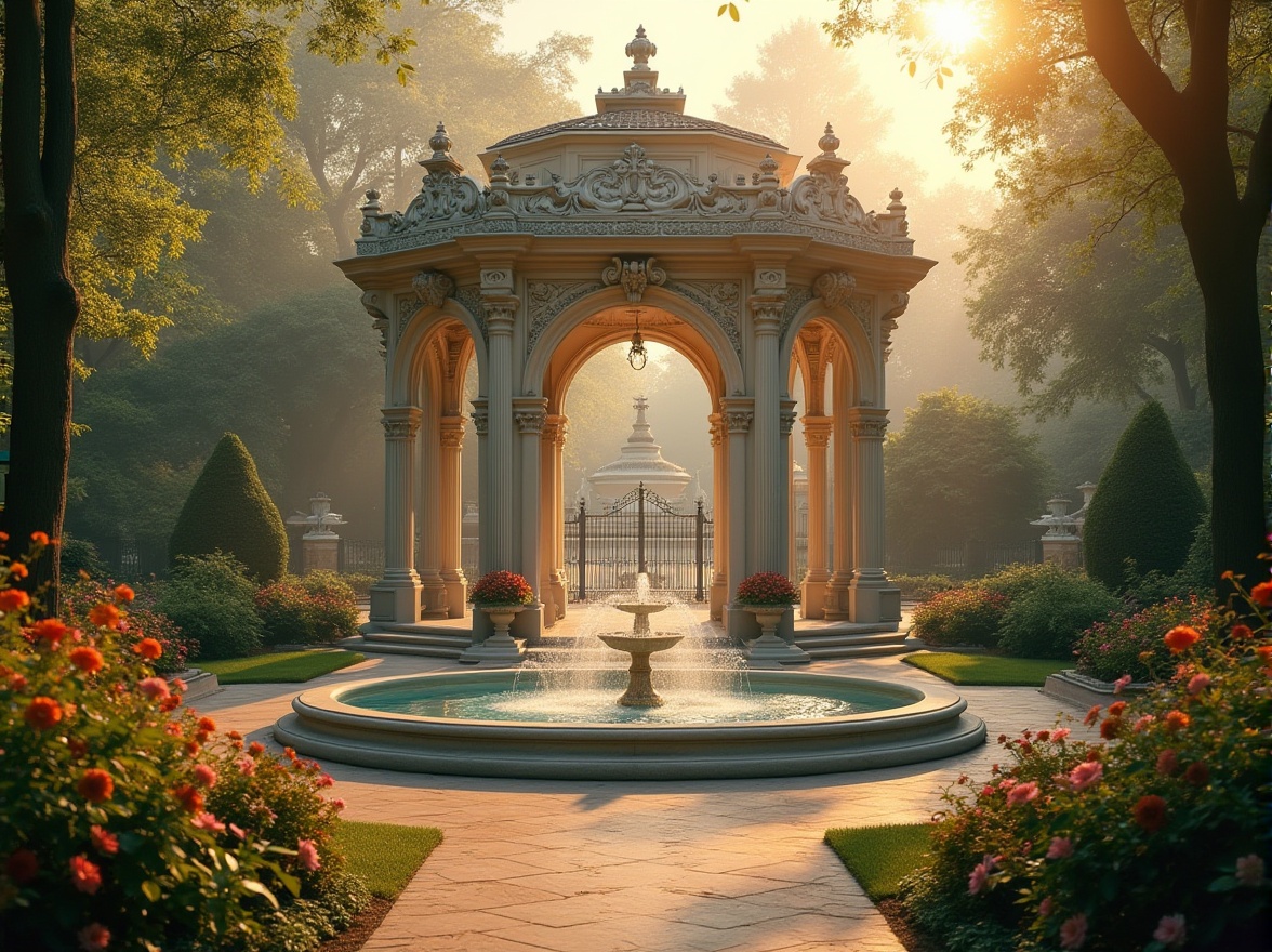 Prompt: Elegant pavilion, Renaissance style, grand fountain, intricate stone carvings, ornate iron gates, lush greenery, vibrant flowers, manicured lawns, serene atmosphere, soft golden lighting, warm afternoon sun, majestic columns, arches, domes, symmetrical composition, romantic ambiance, delicate water features, subtle mist effects, 3/4 view angle, shallow depth of field, cinematic mood, warm color palette, ornate decorations, luxurious textiles.