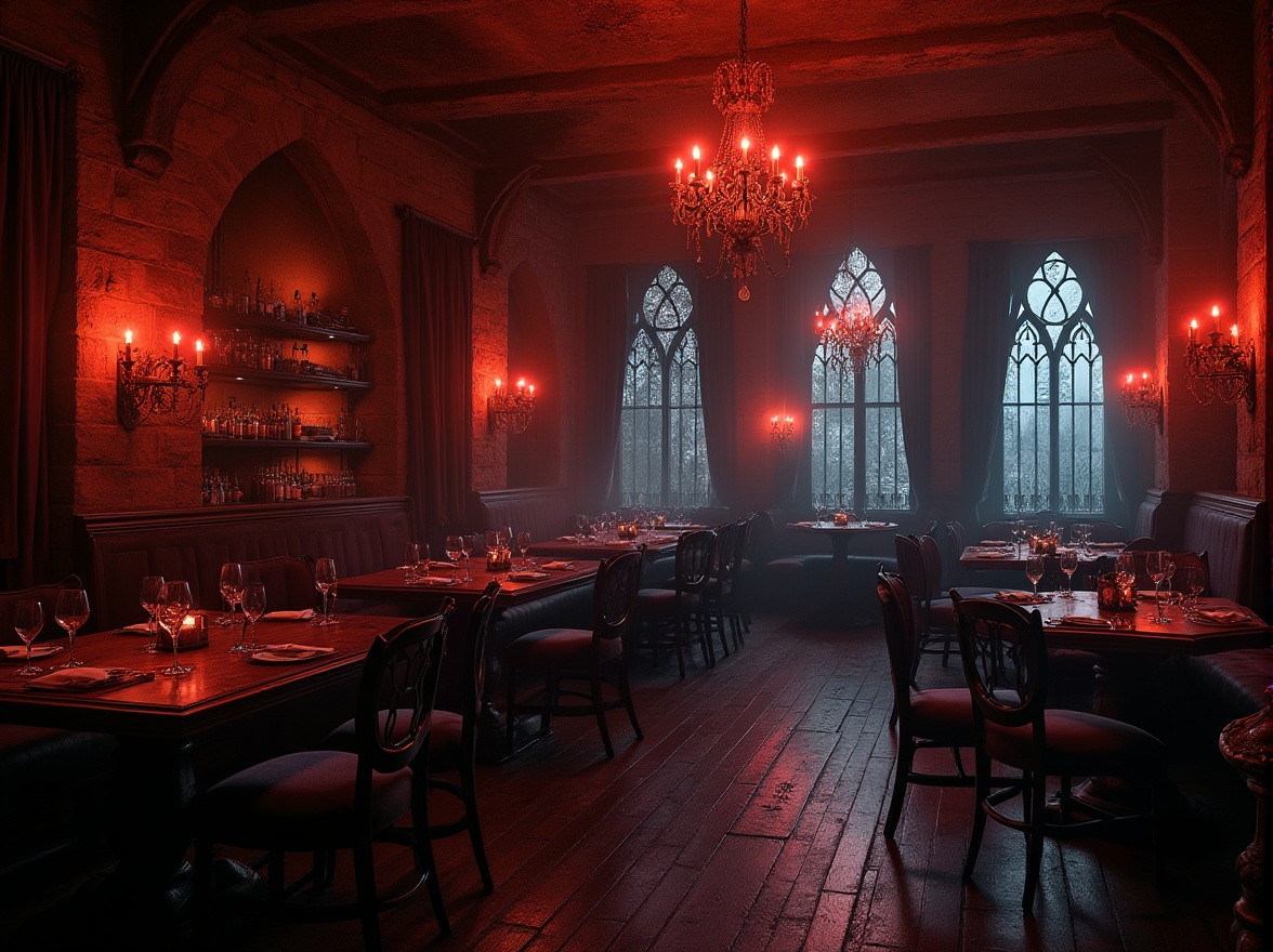 Prompt: Gothic style restaurant, mysterious atmosphere, dim red lighting, stone walls, stained glass windows, ornate wooden tables, black iron chairs, velvet drapes, candelabras, medieval-inspired decorations, grand chandelier, dark wood floors, mysterious bartender, wine glasses, wine cellar, ancient books, mysterious artifacts, foggy outdoors, misty night, backlighting, cinematic composition, 3/4 view, detailed textures.