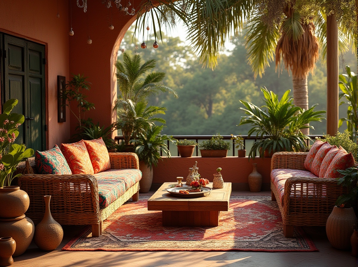 Prompt: Savannah landscape, eclectic elements, vibrant colors, mixed patterns, African-inspired textiles, colorful beads, natural materials, wicker furniture, Moroccan tiles, lush greenery, palm trees, acacia trees, wooden accents, rattan baskets, woven blankets, distressed wood, vintage decorative items, eclectic artifacts, warm golden lighting, soft shadows, 3/4 composition, cinematic depth of field, serene atmosphere, sunset time, warm ambient light.