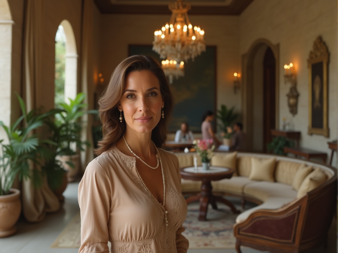 Prompt: Eclectic interior, luxurious villa, mature lady, 35yo, elegant hairstyle, subtle makeup, pearl necklace, beige dress, stone wall, limestone material, intricate carvings, ornate patterns, velvet sofa, wooden furniture, potted plants, grand chandelier, warm lighting, soft focus, shallow depth of field, cinematic composition, 3/4 view.