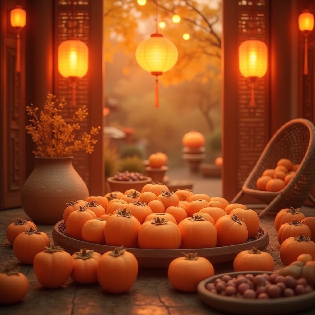 Prompt: Persimmon color, warm, cozy, inviting, autumn theme, traditional Chinese culture, lantern festival, festive atmosphere, soft glowing lighting, rounded shapes, gentle curves, ceramic vases, wooden furniture, woven baskets, rattan chairs, natural materials, earthy tones, communal gathering, family reunion, harvest celebration, fruit stands, farmer's market, outdoor scenery, sunset background, warm golden light, blurred edges, cinematic composition.