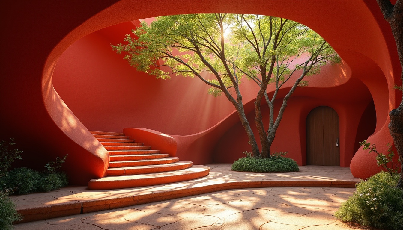 Prompt: Organic architecture, vibrant red walls, curved lines, dynamic shapes, natural materials, wood accents, earthy tones, lush greenery, overhanging trees, warm sunlight filtering through leaves, serene atmosphere, peaceful ambiance, natural stone floors, intricate wooden beams, bold red staircase, playful shadows, artistic composition, dramatic lighting, cinematic angles.