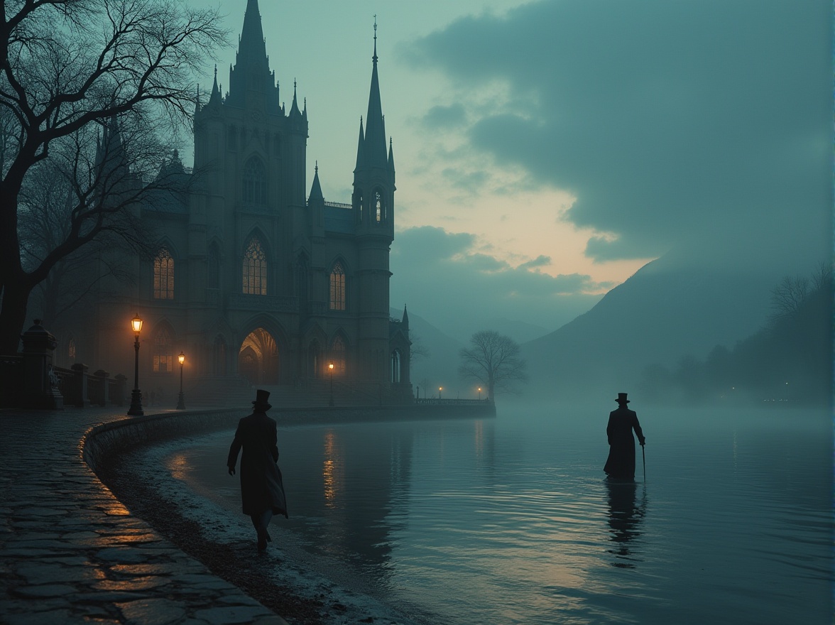 Prompt: Lakefront, gothic architecture, mysterious atmosphere, grandiose building, intricate stone carvings, stained glass windows, towering spires, foggy mist, dim lanterns, eerie silence, lone figure, long coat, Victorian-inspired attire, top hat, gloves, cane, walking along the lake's edge, water reflections, ripples on the lake surface, distant mountains, twilight, warm golden lighting, cinematic composition.