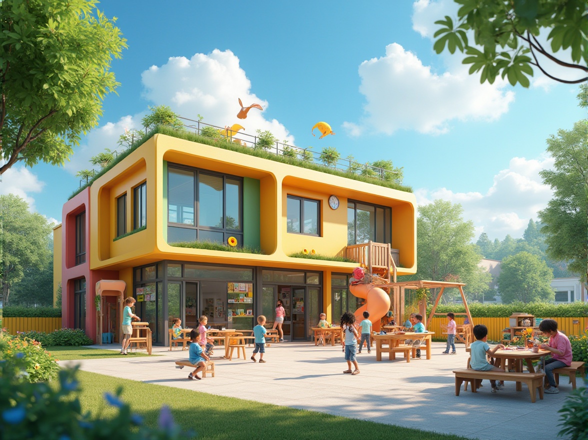 Prompt: Suburban kindergarten building, modern architecture, bright colorful exterior walls, large windows, natural light, green roof garden, outdoor playground, wooden climbing frames, slide, swings, sandbox, kids' artwork displayed on walls, educational posters, comfortable reading nook, soft cushions, wooden tables and chairs, friendly teachers, happy children playing, learning, smiling faces, sunny day, blue sky with white clouds, lush greenery surrounding the building, gentle breeze, warm and inviting atmosphere, 3/4 composition, soft focus background.