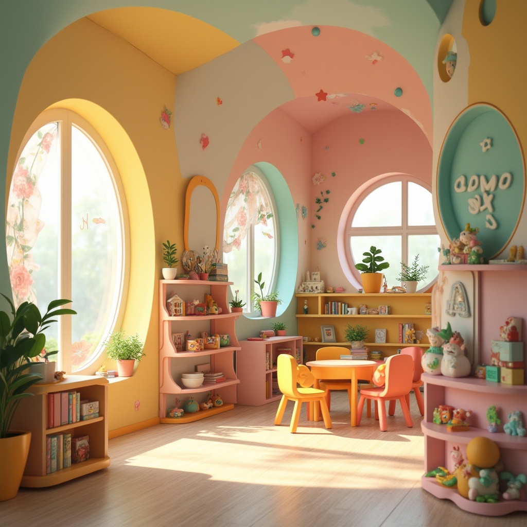 Prompt: Vibrant kindergarten, fusion architecture style, colorful walls, curved lines, playful decorations, whimsical roof, irregular shape, bright windows, flower-patterned curtains, soft natural light, toy-filled shelves, kid-sized furniture, educational posters, alphabet letters, numbers and shapes decorations, green plants, mini-library corner, reading nook, wooden floor, pastel color scheme, fairy tale-inspired design elements, gentle curves, soft textures, inviting atmosphere, warm lighting, playful composition.