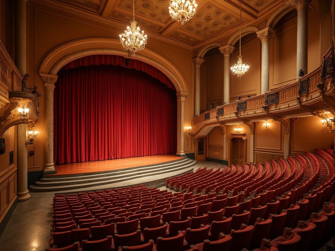 Prompt: Mountainous auditorium, Sienna color, warm beige walls, terracotta floors, wooden paneling, rustic chandeliers, stone columns, curved staircases, grand stage, red velvet curtains, comfortable seats, ambient lighting, soft shadows, 3/4 composition, panoramic view, cinematic mood.