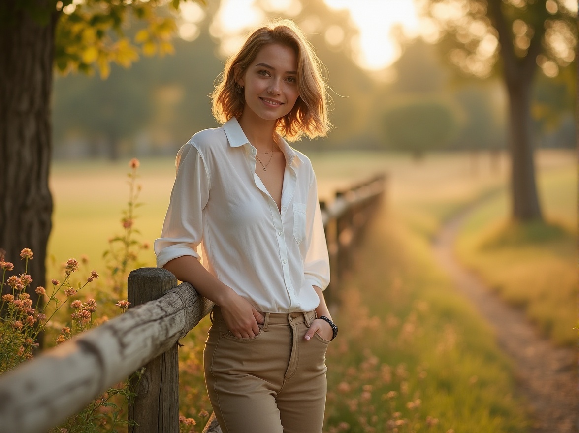 Prompt: Rural venue, khaki color theme, natural atmosphere, wooden fence, wildflowers, trees with leaves, soft sunlight, gentle breeze, relaxed female, 25yo, casual wear, khaki pants, white blouse, messy bob hair, minimal makeup, warm smile, leaning on fence, one hand in pocket, comfortable posture, peaceful surroundings, warm lighting, shallow depth of field, cinematic composition.