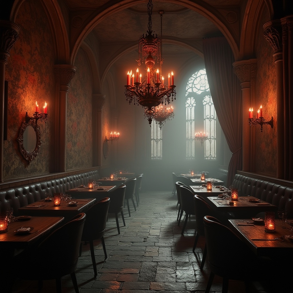 Prompt: Gothic style restaurant interior, dimly lit atmosphere, grand chandelier with intricate metalwork, hanging lanterns with red candles, walls adorned with medieval-inspired tapestries, dark wood tables and chairs, ornate mirrors, mysterious fog effect, warm golden lighting, dramatic spotlights on food, rustic stone floors, arched windows, heavy drapery with velvet curtains, mysterious ambiance, high ceiling with Gothic arches, detailed wooden carvings, atmospheric mist.