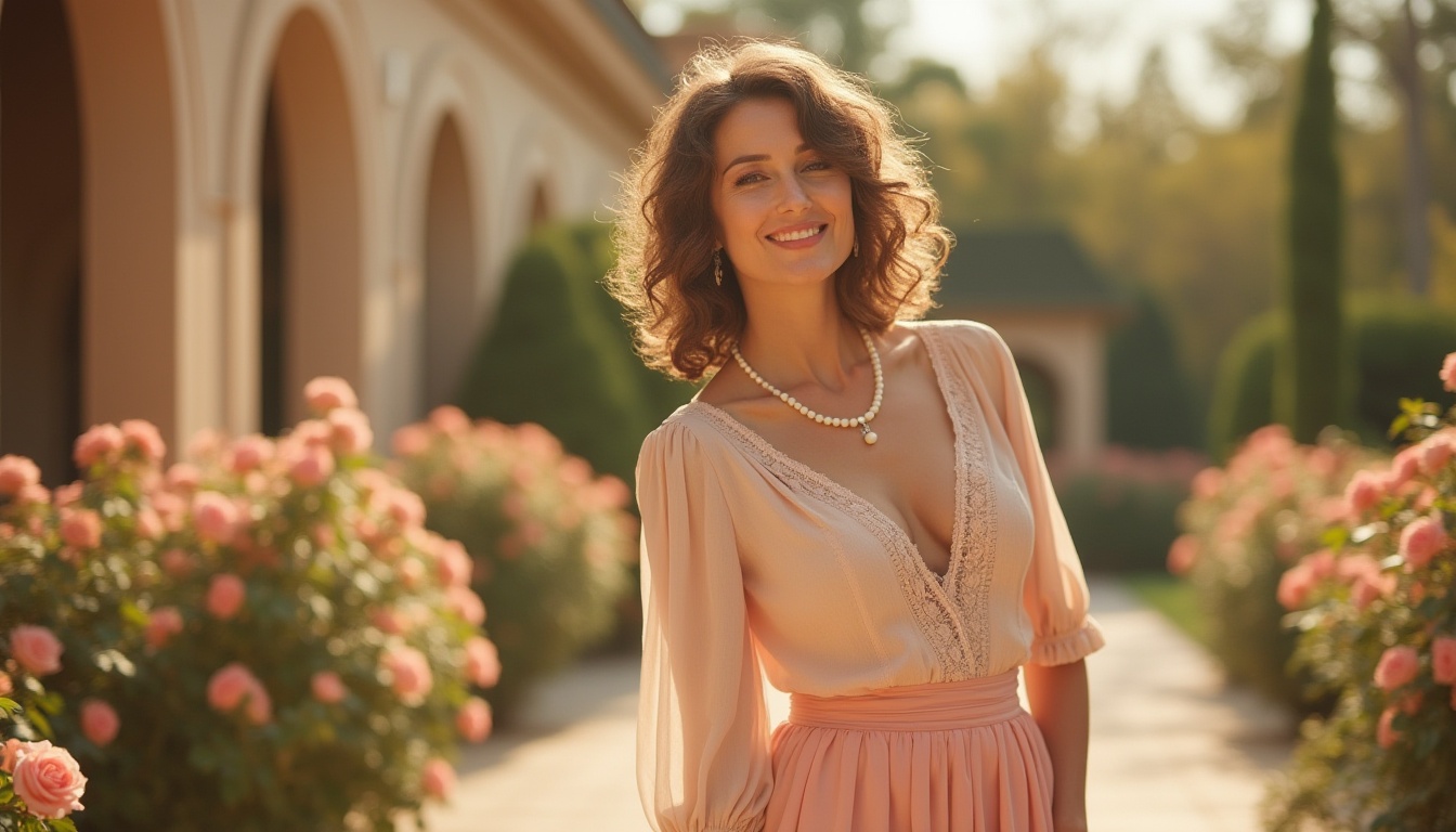 Prompt: pastel peach color scheme, elegant mature lady, curly brown hair, natural makeup, pearl necklace, lace trim blouse, high-waisted flowing maxi skirt, heels, posing, standing, luxurious villa, garden, flower beds, blooming roses, warm afternoon sunlight, soft focus, 3/4 composition, cinematic lighting.