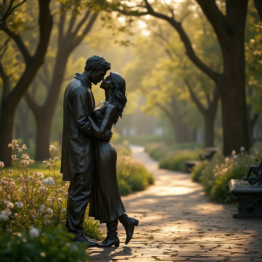 Prompt: Romantic campus scene, bronze statue, couple embracing, kissing, gentle touch, warm afternoon sunlight, soft shadows, lush greenery, blooming flowers, ancient trees, stone benches, winding path, tranquil atmosphere, soft focus, cinematic composition, warm color tone, shallow depth of field, 3/4 view.