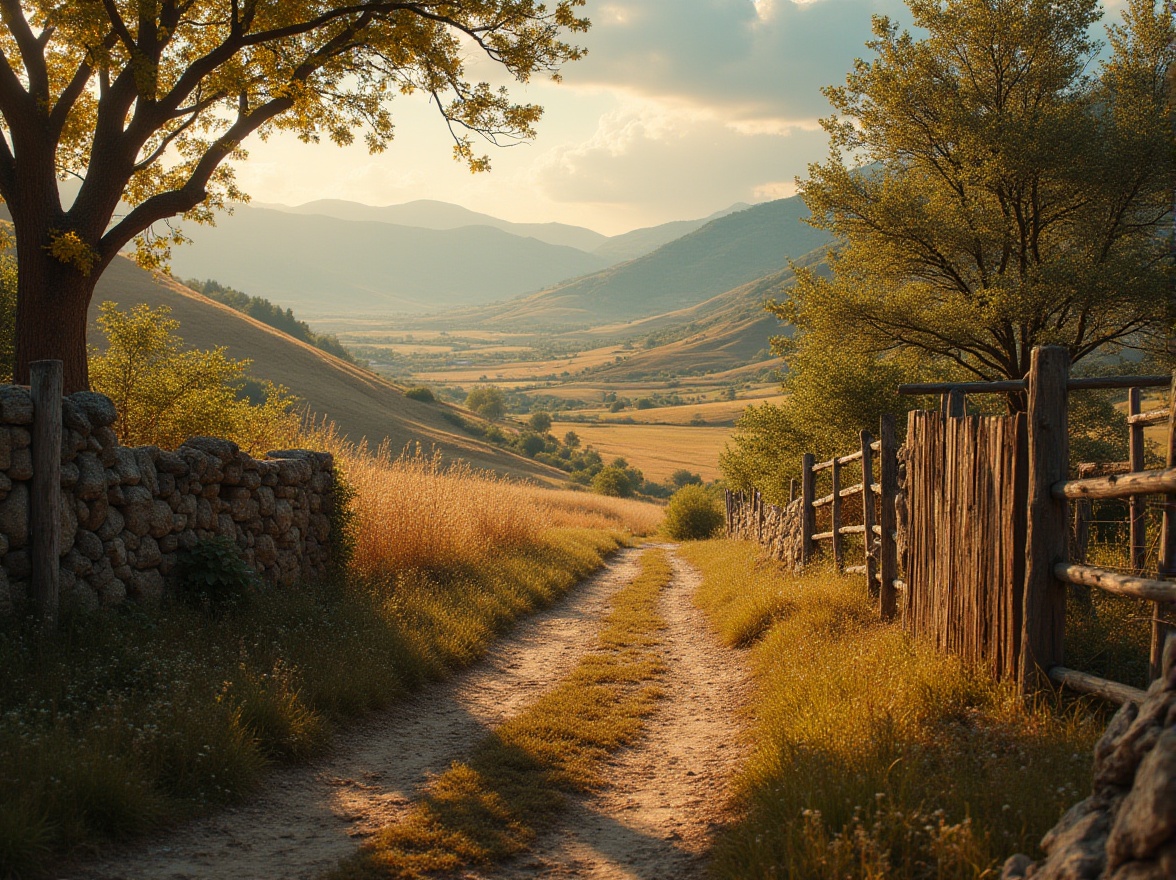 Prompt: Rural landscape, khaki color dominant, natural scenery, rolling hills, vast fields, old wooden fences, wildflowers blooming, trees with gnarled branches, a winding dirt path, rustic stone walls, vintage metal gate, warm sunlight casting long shadows, gentle breeze rustling leaves, serene atmosphere, cinematic composition, 3/4 view, soft focus, earthy tone.