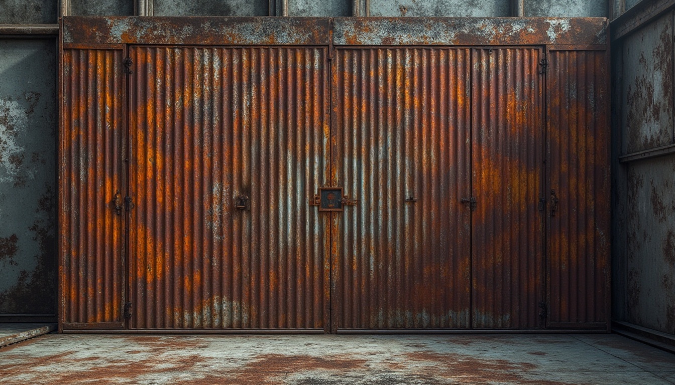 Prompt: Modern corrugated iron design, industrial chic, rusty metal texture, weathered effect, brutalist architecture, urban landscape, cityscape, metropolitan atmosphere, abandoned factory, distressed walls, bold structural lines, geometric patterns, abstract composition, high-contrast lighting, dramatic shadows, gritty realistic rendering.