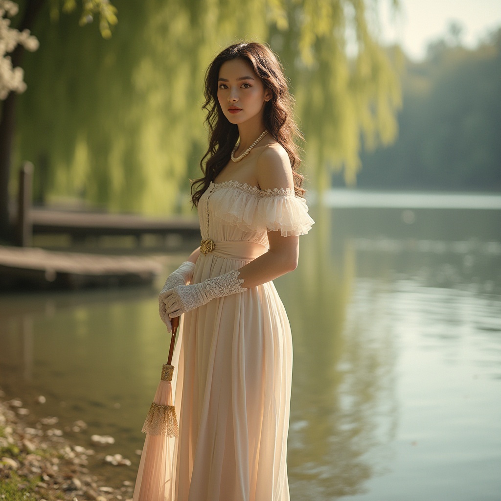 Prompt: Elegant lady, riverbank, classicism style, standing alone, (25yo), refined facial features, subtle smile, wavy brown hair, loose curls, pearl necklace, white lace gloves, long flowing skirt, silk fabric, golden belt, high heels, holding a parasol, gentle breeze, warm sunlight, peaceful atmosphere, willow trees, blooming flowers, river water reflection, wooden dock, vintage style, soft focus, cinematic composition, depth of field, natural light, HDR.